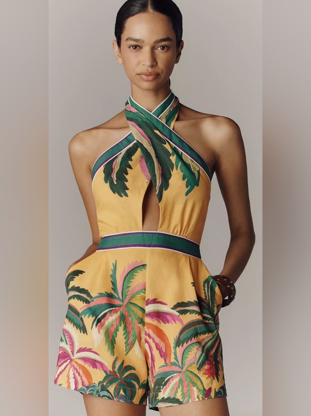 NWT FARM Rio Anthropologie “Enchanted Nature” Yellow Tropical Palm-Print Romper